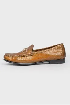 Golden leather loafers, shimmer with golden green color