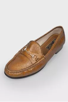 Golden leather loafers, shimmer with golden green color