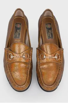 Golden leather loafers, shimmer with golden green color