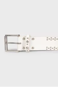 White leather belt decorated with rhinestones
