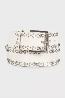 White leather belt decorated with rhinestones
