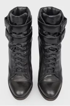 Black Leather Velcro Lace-up Boots