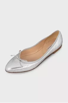 Silver leather ballet flats with a bow