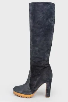 Navy Suede Heeled Boots