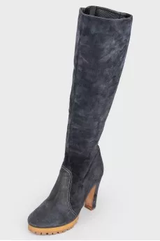 Navy Suede Heeled Boots