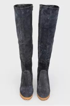 Navy Suede Heeled Boots