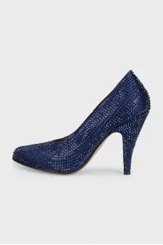 Blue suede shoes decorated with rhinestones
