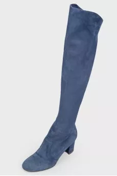 Blue suede heeled boots