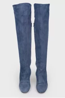 Blue suede heeled boots