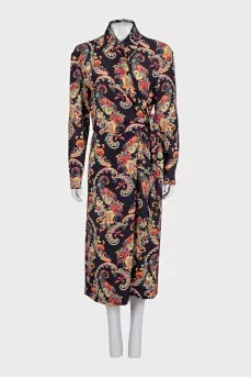 Blue paisley print tie-up dress