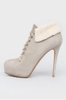 Gray suede ankle boots with fur stiletto heels