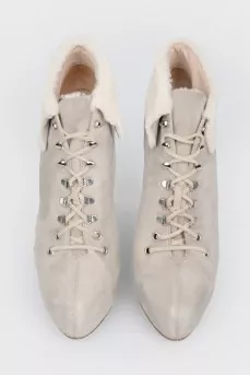 Gray suede ankle boots with fur stiletto heels