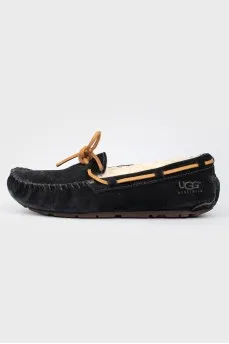 Insulated black moccasins on fur
