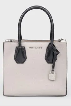 Gray leather bag with white inserts