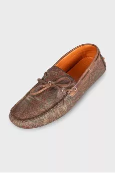Brown leather moccasins with print