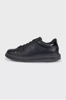 Men's black leather sneakers with embossing