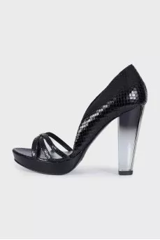 Black snakeskin open-toe shoes