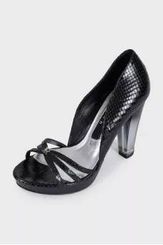 Black snakeskin open-toe shoes