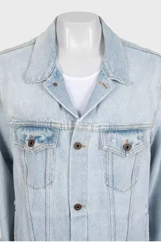 Blue denim jacket with a signature print
