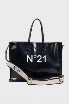 Black leather tote with white logo