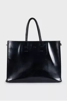 Black leather tote with white logo