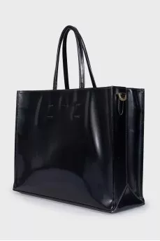 Black leather tote with white logo