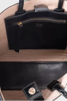 Black leather tote with white logo