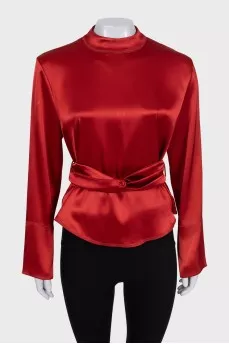 Red satin blouse with a belt
