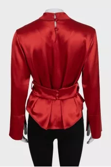 Red satin blouse with a belt
