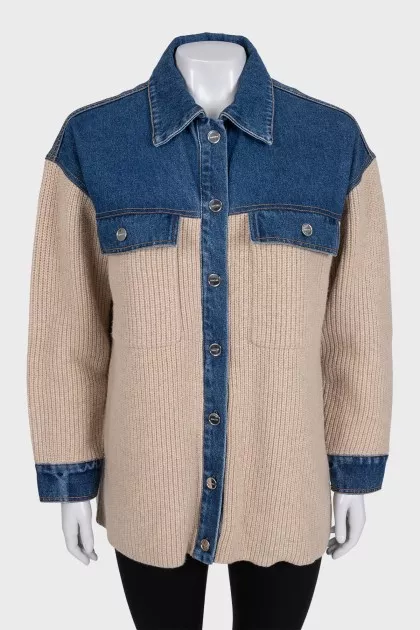 Wool cardigan with denim inserts