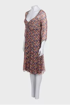 Fitted silk dress with floral print