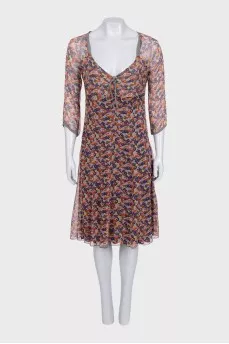 Fitted silk dress with floral print