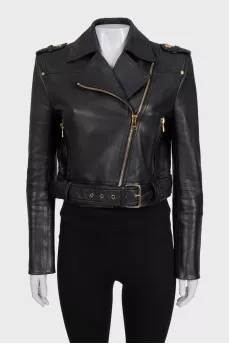 Cropped leather jacket with gold zipper