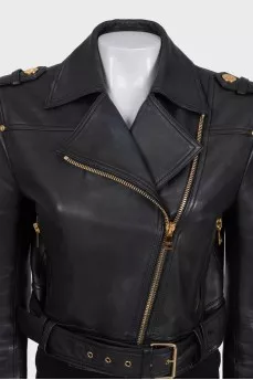 Cropped leather jacket with gold zipper