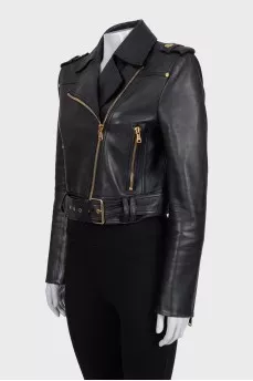 Cropped leather jacket with gold zipper