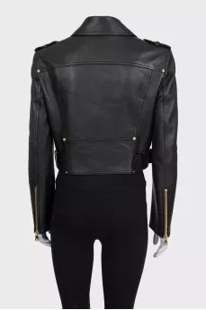 Cropped leather jacket with gold zipper