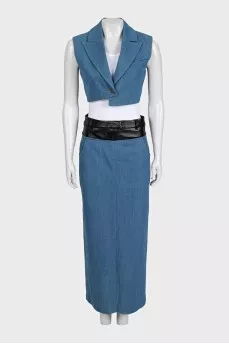 Denim suit with a vest and skirt