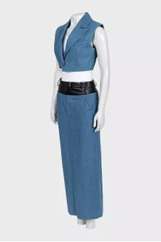 Denim suit with a vest and skirt