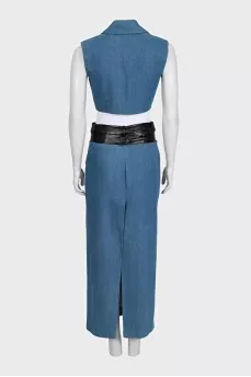 Denim suit with a vest and skirt