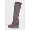 Gray suede wedge boots