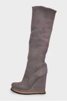 Gray suede wedge boots
