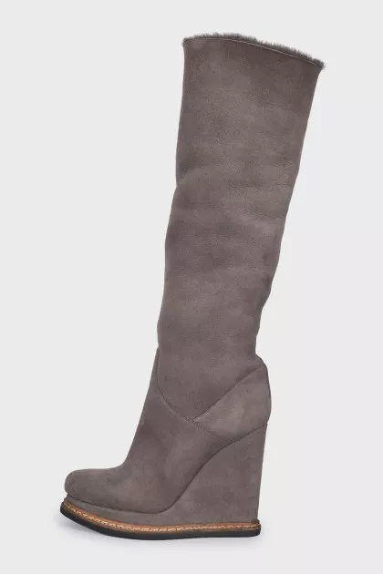 Gray suede wedge boots