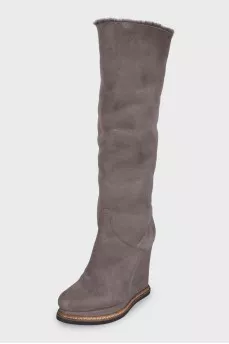 Gray suede wedge boots