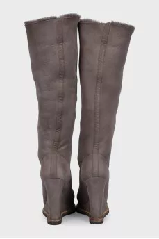 Gray suede wedge boots