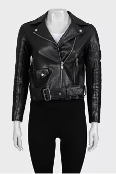 Cropped leather jacket with belt