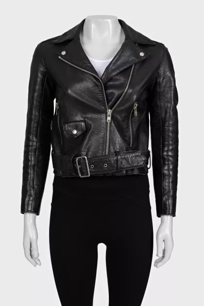 Cropped leather jacket with belt