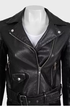Cropped leather jacket with belt