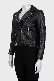 Cropped leather jacket with belt