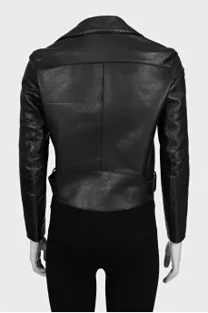 Cropped leather jacket with belt