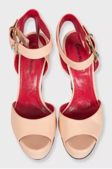 Beige leather high-heeled sandals